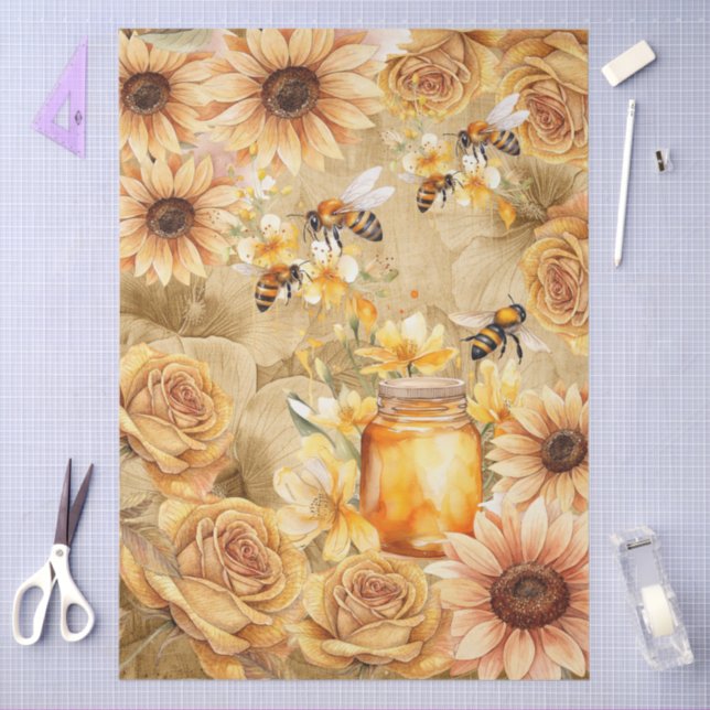 Papier Mousseline Cute Watercolor Honey Bees & Sunflowers Parchment  (Artisanat)