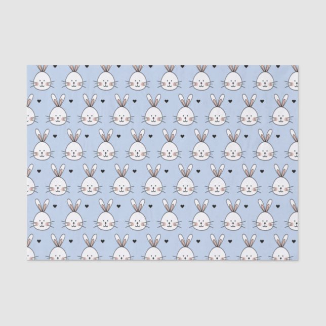 Papier Mousseline Cute White Bunny Faces and Hearts Pattern Blue (Recto)