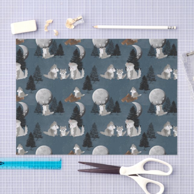Papier Mousseline Cute Wolf Pack Woodland Night Sky Moon (Artisanat)