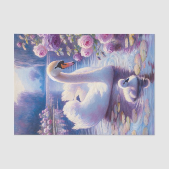 Papier Mousseline Cygne blanc et cygnet violet Roses découpage (Recto)