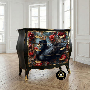 Papier Mousseline Cygne noir avec couronne dorée Fleurs rouges décou