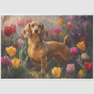 Papier Mousseline Dachshund avec les Tulipes de Printemps Peinture D