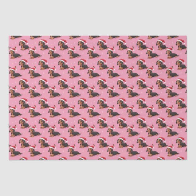 Papier Mousseline Dachshund avec Santa Hat sur papier Tissu Rose (Recto)