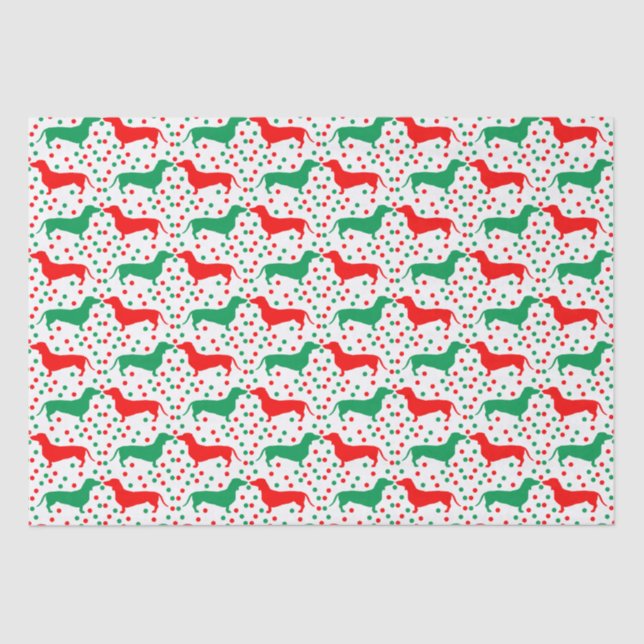 Papier Mousseline Dachshund Polka Dot - Rouge et Vert (Recto)