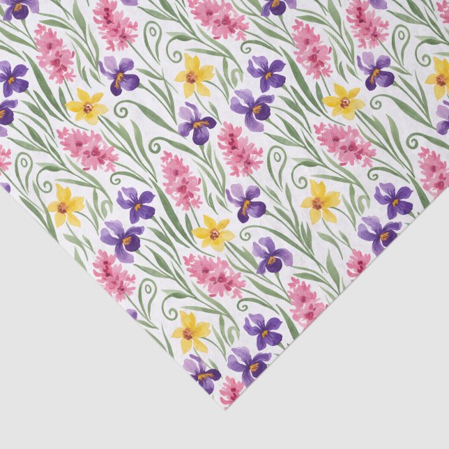 Papier Mousseline Daffodil Yellow, Iris Purple, Hyacinth Pink Floral (Détail)