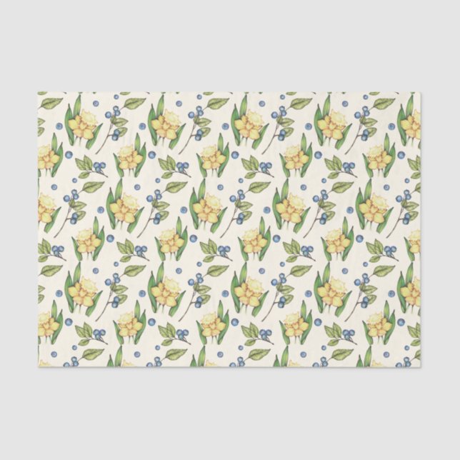 Papier Mousseline Daffodiques jaunes et bleuets  (Recto)