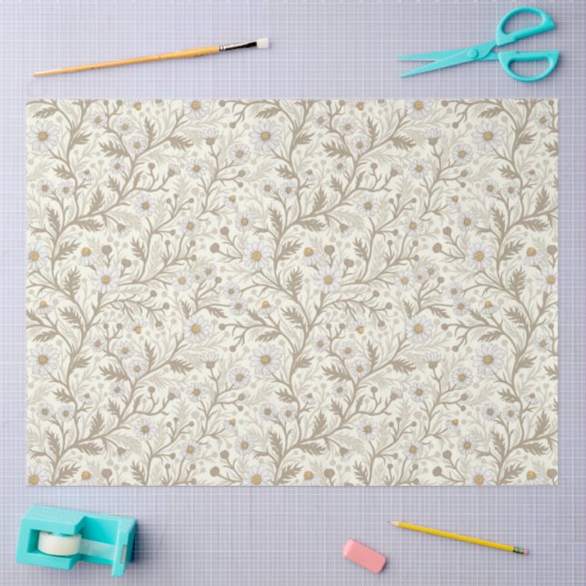 Papier Mousseline Daisies in white and brown on off white (Artisanat)