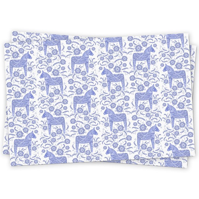 Papier Mousseline Dala suédois Cheval bleu et blanc (Blue and white Swedish dala horse pattern tissue paper)