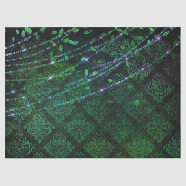 Papier Mousseline Damas, Feuilles et lumières sur la déco verte (Recto)