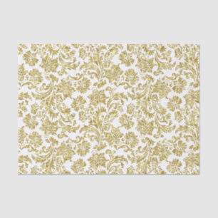 Papier Mousseline Damas Florales D'Or Métallique Blanc Et Faux