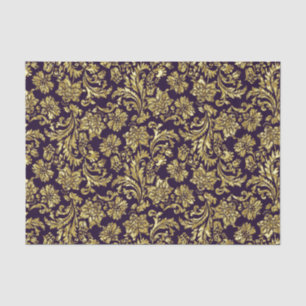 Papier Mousseline Damas Florales D'Or Métallurgique Violet Et Faux