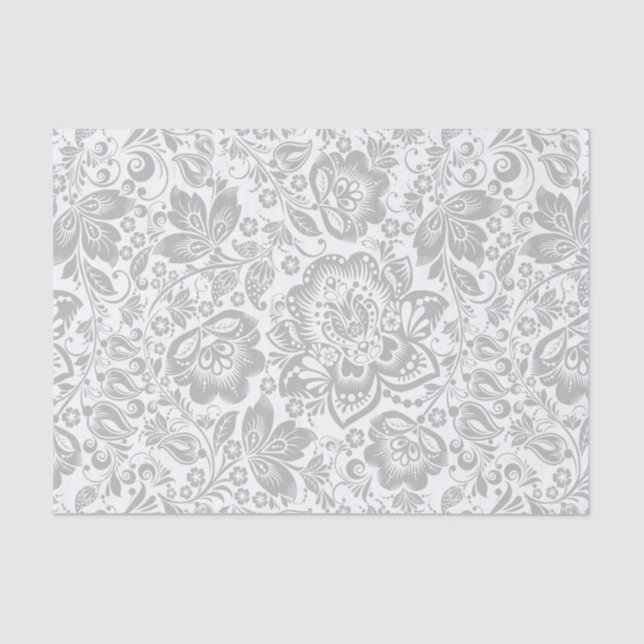 Papier Mousseline Damas Florales Gris Et Blanc (Recto)