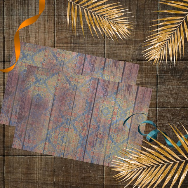 Papier Mousseline Damas Rouge Or Perdu Sur Découpage En Bois (Créateur téléchargé)