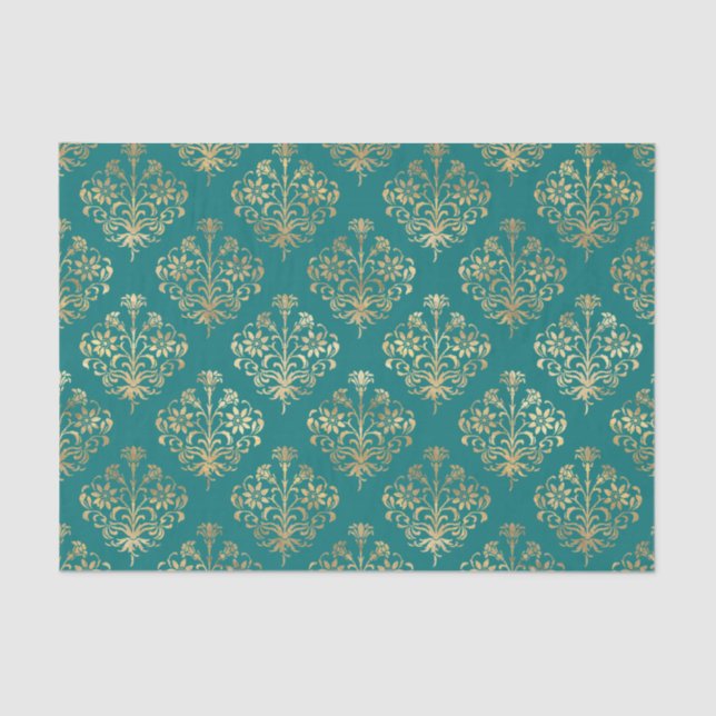 Papier Mousseline Damas turquoise et or (Recto)