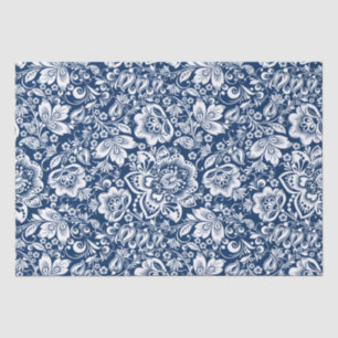 Papier Mousseline Damas vintage blanc sur arrière - plan bleu marine