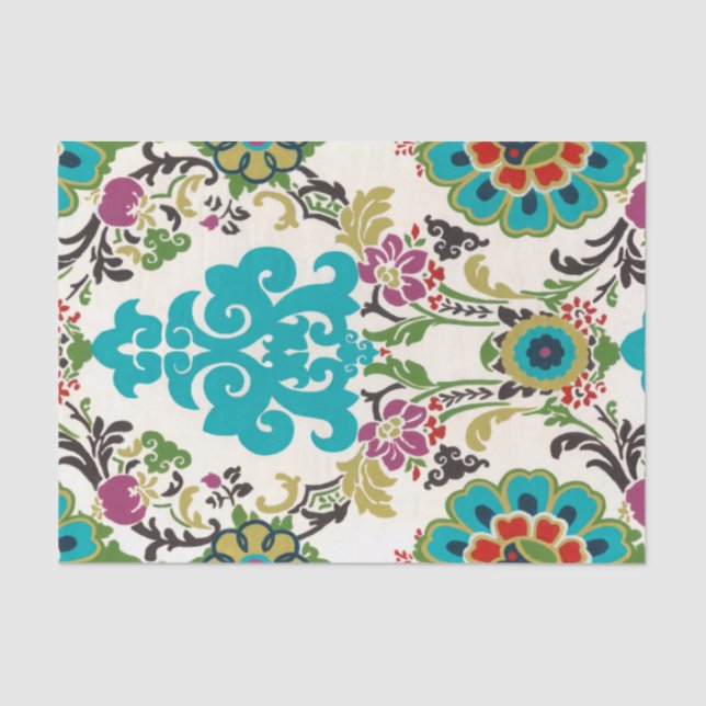 Papier Mousseline Damask Floral Patterns Plum Turquoise (Recto)