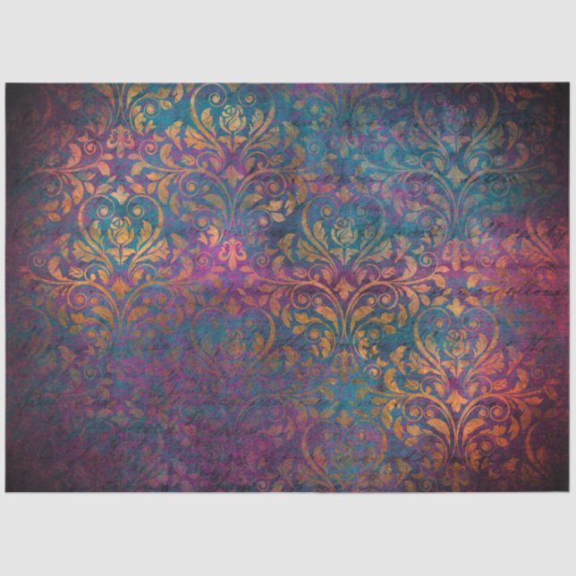 Papier Mousseline Damask & script elegant purple blue gold   (Recto)