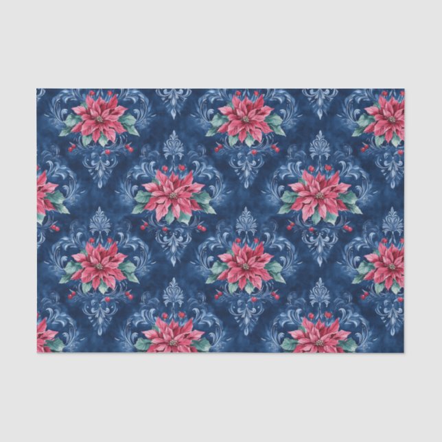 Papier Mousseline Damassé bleu foncé aux fleurs d'euphorbe rouge (Recto)