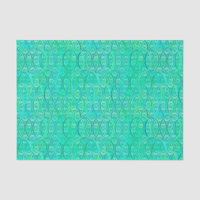 Papier Mousseline Damassé d'arabesque - aqua et turquoise (Recto)