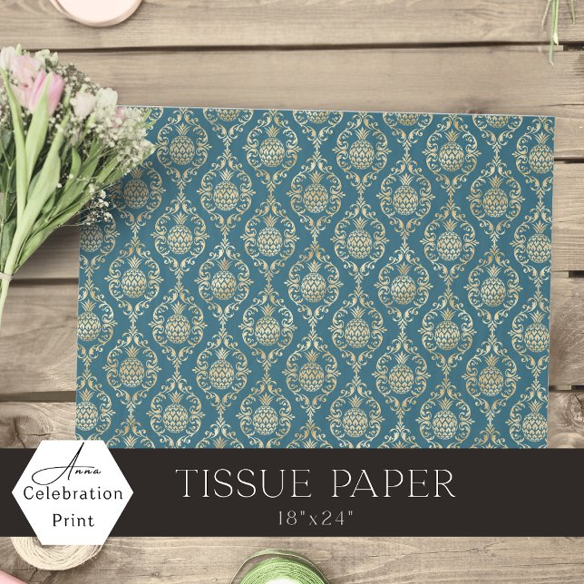 Papier Mousseline Damassé de pineapple doré bleu sarcelle  (teal blue gold pineapple damask decoupage craft and DIY)