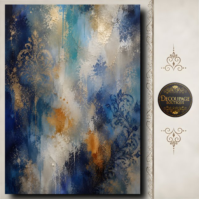 Papier Mousseline Damassé Découpage Texture Abstraite Bleu Or (Blue Gold Damask Decoupage Abstract Texture Tissue Paper)