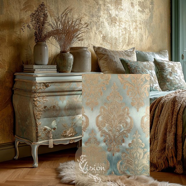 Papier Mousseline Damassé doré, effet texturé, vert sauge menthe (Jacquard Effect Damask Patterns, Mint Sage Green and Gold Decoupage Tissue Paper)