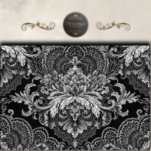 Papier Mousseline Damassé floral noir argent découpage