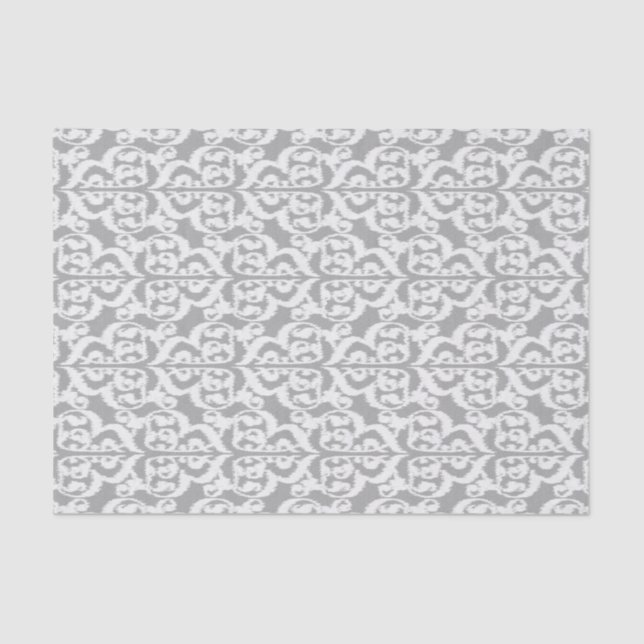 Papier Mousseline Damassé maure d'Ikat - gris argenté et blanc (Recto)