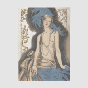 Papier Mousseline Dame Art Déco plume bleue vintage découpage or