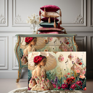Papier Mousseline Dame au Parasol, Oiseau, Fleurs et Lanternes Art