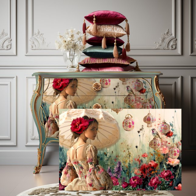 Papier Mousseline Dame avec l'art Parasol, Oiseau, Floral & Lanterns (French Chic, Lady with a Parasol, Bird, Floral Garden, and Lanterns, Horizontal Portrait Art)