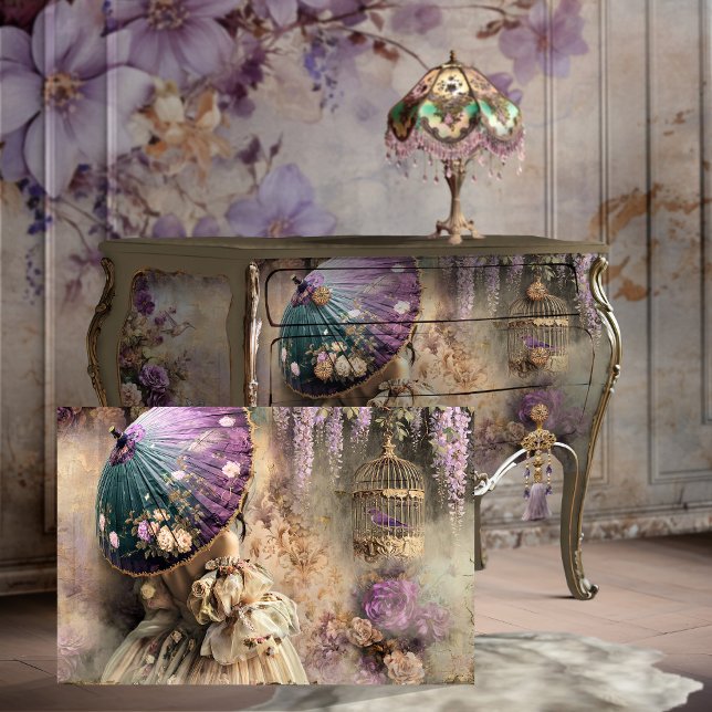 Papier Mousseline Dame avec parasol, oiseau & cage d'oiseaux, Floral (Emilia Blooms, A Vintage Garden Affair, Portrait of an elegant lady, birdcage & floral art)