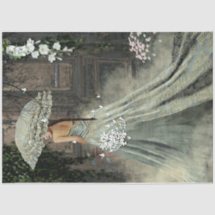 Papier Mousseline Dame élégante Robe verte Parasol Vieille porte Flo