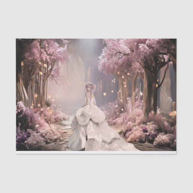 Papier Mousseline Dame en blanc, lilas Cerise Blossoms Portrait Art (Recto)