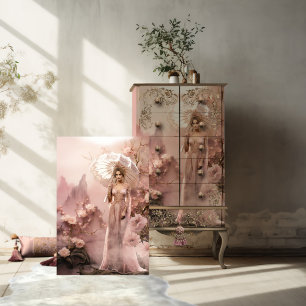 Papier Mousseline Dame en rose avec un parasol et fleurs