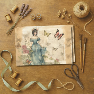 Papier Mousseline Dame et papillons victoriens Découpage Vintage