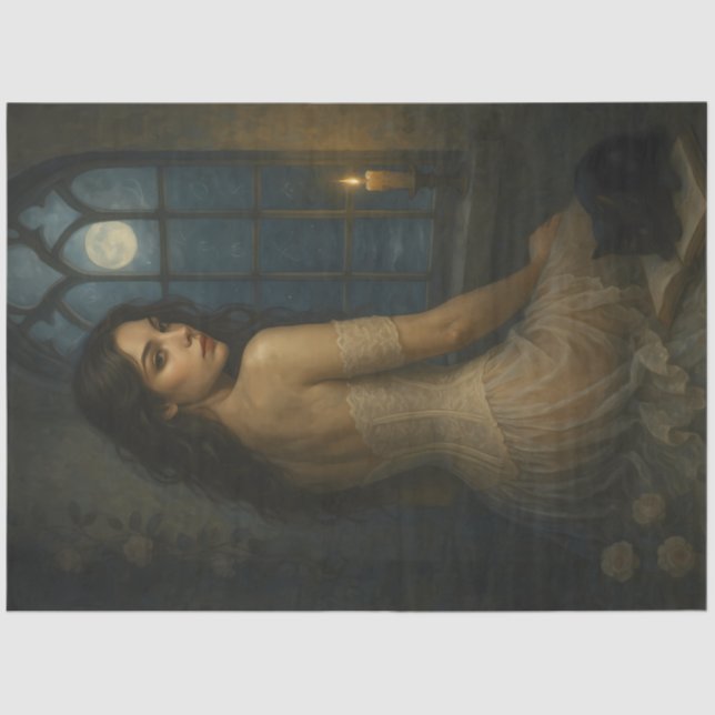 Papier Mousseline Dame gothique Lune avec chat noir - Sorcière (Recto)