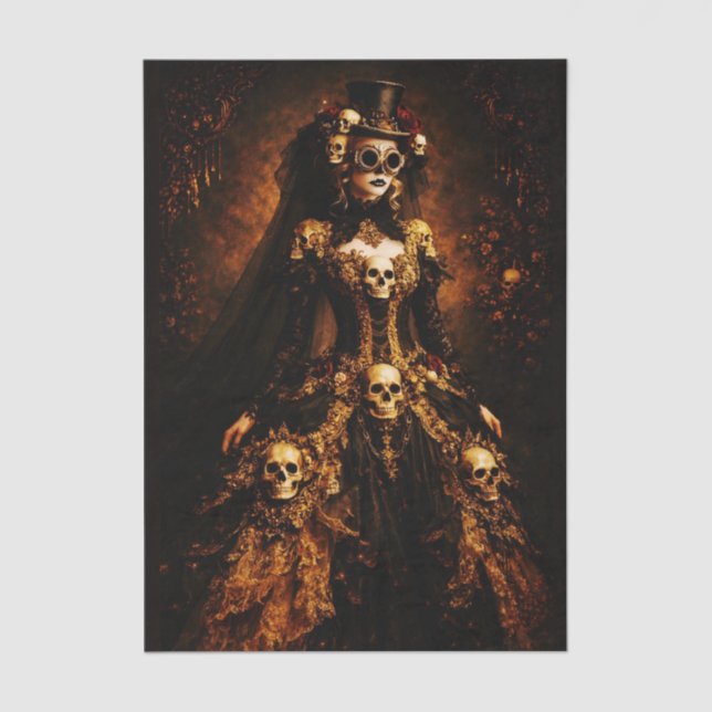 Papier Mousseline Dame gothique Steampunk, robe au crâne FJ3R découp (Recto)