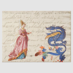 Papier Mousseline Dame médiévale et dragon