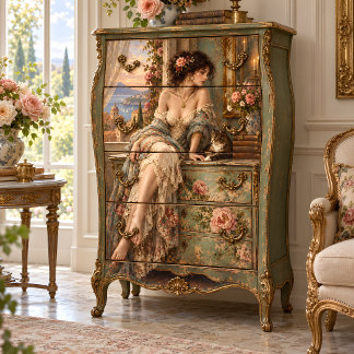 Papier Mousseline Dame méditerranéenne avec chat et roses découpage