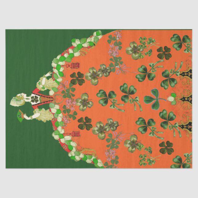 Papier Mousseline DAME ORANGE ET TRÈFLES Saint-Patrick vert  (Recto)