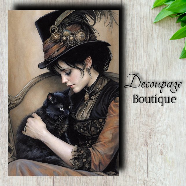 Papier Mousseline Dame Steampunk Chat Découpage (Steampunk Lady Cat Decoupage Tissue Paper)