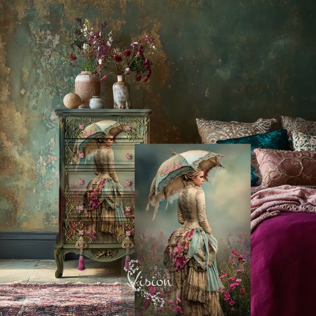 Papier Mousseline Dame & un parasol champ floral éthéré (French Woman, and Parasol, Ethereal Floral Field, Muted Teal and Fuchsia Pink Decoupage Tissue Paper)