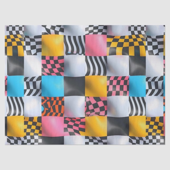 Papier Mousseline Damier 3D vibrant – Pop rétro ludique (Recto)