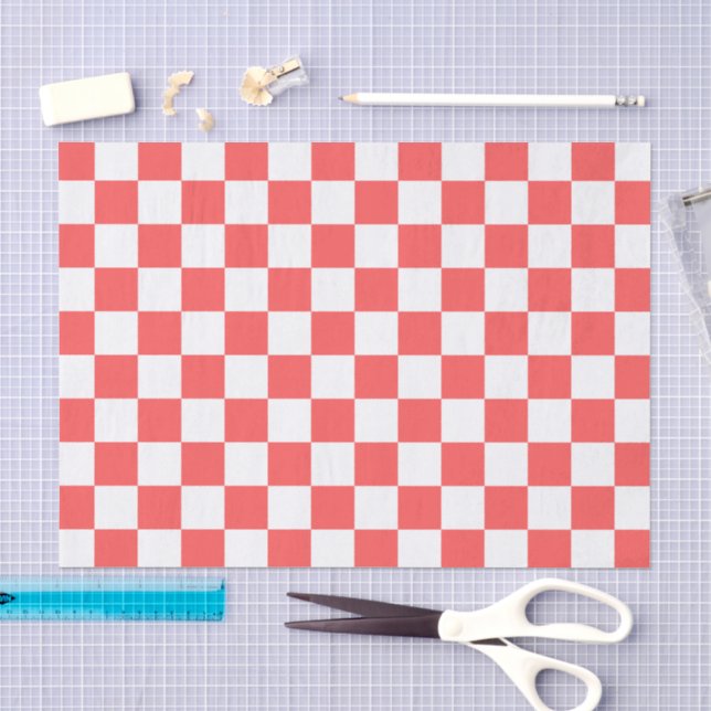 Papier Mousseline Damier rouge corail classique (Artisanat)