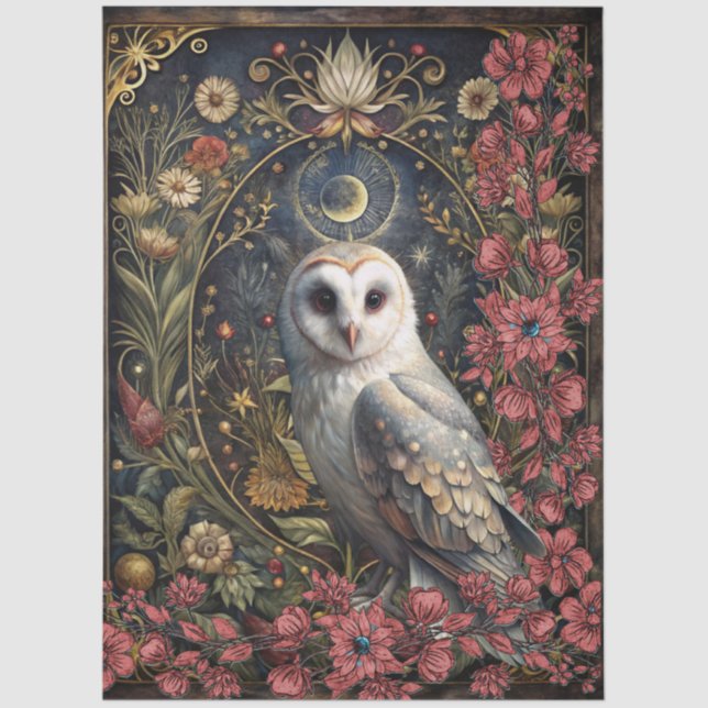 Papier Mousseline Dark Gothic White Owl Floral Abstract Art  (Recto)