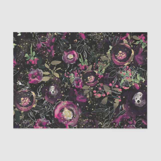 Papier Mousseline Dark Moody Berry Plum Étincelle Florale Moderne (Recto)