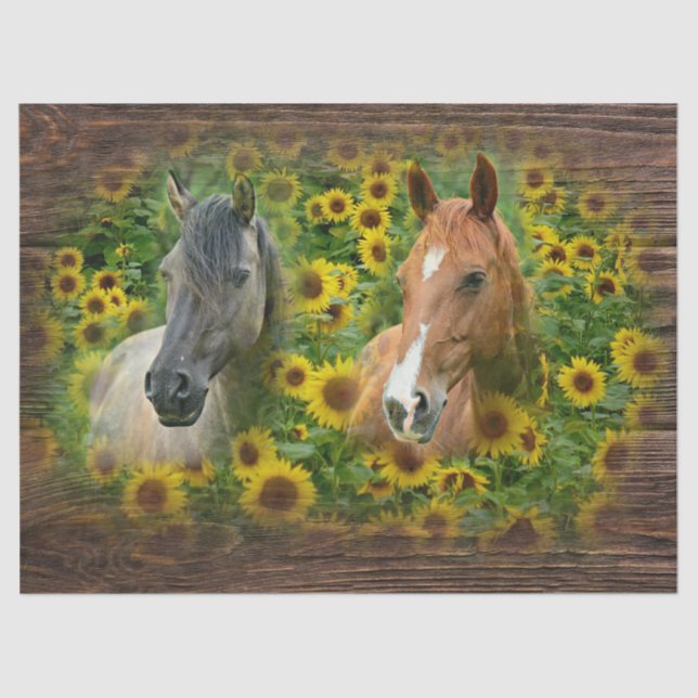 Papier Mousseline De beaux chevaux dans le champ de tournesols (Recto)