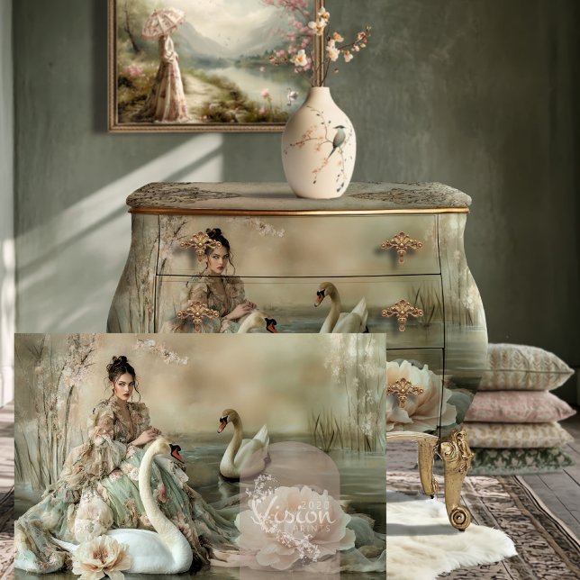 Papier Mousseline De bonne grâce Bouffant Portrait & Swan (De bonne grâce Elegant Bouffant Portrait Lady & Swan Ethereal Lake Fantasy & Floral decoupage paper.)