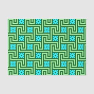 Papier Mousseline Déco clé grecque, turquoise et Jade vert